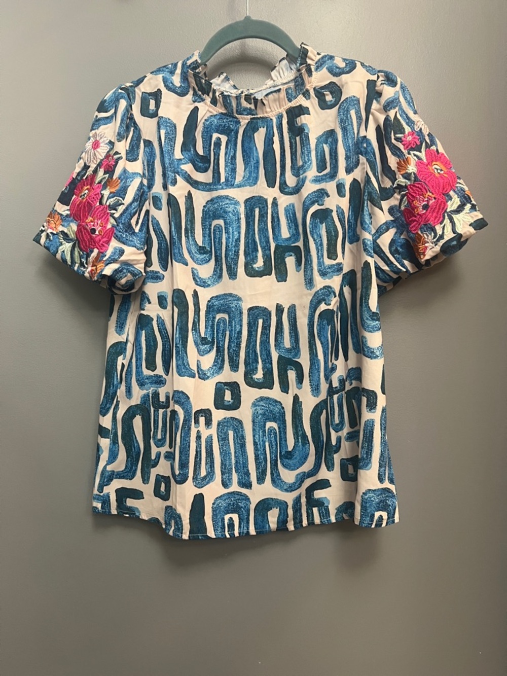 Blue & Cream Patterned Top with Pink Floral Sleeve Embroidery